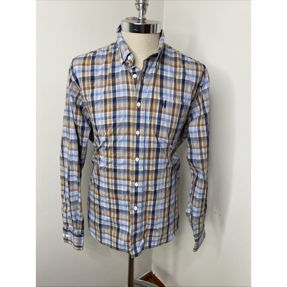 Johnnie-O Hangin Out Shirt Mens XL Blue Tan Plaid Casual Long Sleeve Button Down